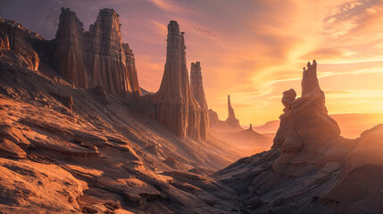 Sunset Illuminating Sandstone Spires in the Desert