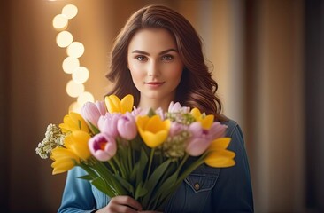 Fototapeta premium A beautiful girl with dark hair holds a bouquet of yellow and pink tulips in her hands, close-up, blurred background of the room with backlight, side view