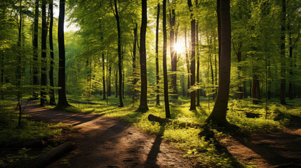 Obraz premium Beautiful forest in spring with bright sun shining through the trees.