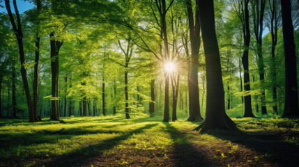 Beautiful forest in spring with bright sun shining through the trees.