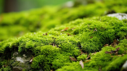 Beautiful green moss on the ground stone in forest, moss texture, moss abstract background.