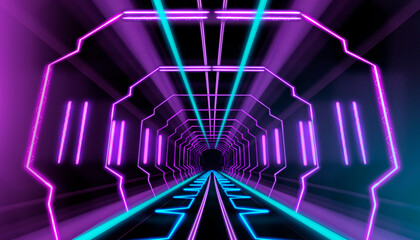 Abstract neon background, light tunnel, movement, rays.