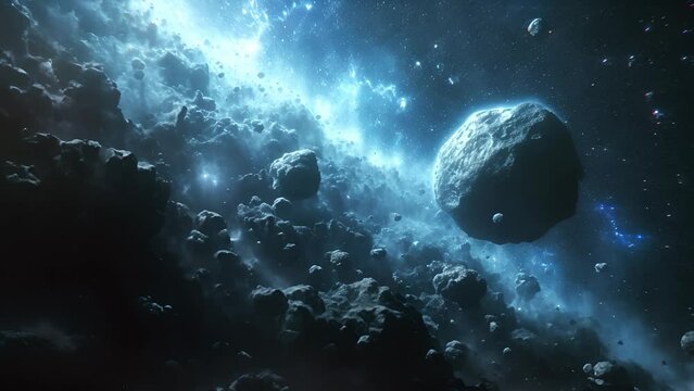 Asteroids in solar system. Beautiful asteroids field, beautiful cinematic flight through dark deep space asteroid field with stars, metorite in sci-fi. Universe moving