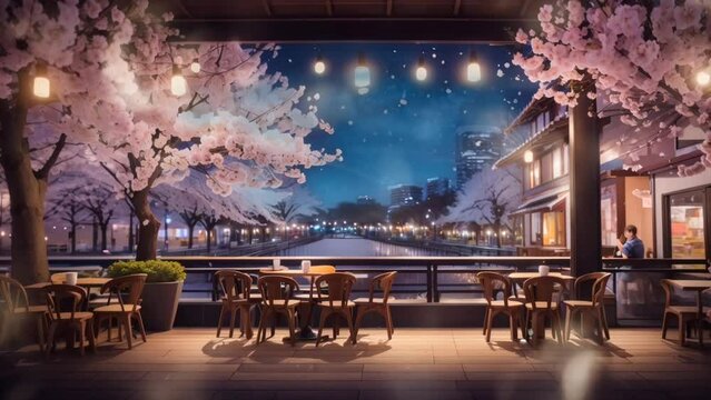 Cozy Cafe Atmosphere With Spring And Cherry Blossom Trees In The Background At Night. Seamless Looping 4k Time-lapse Virtual Video Animation Background