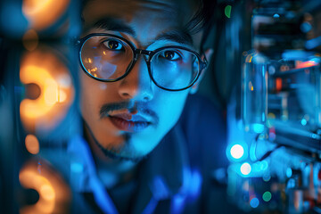 Closeup of an insightful engineer with glasses examining computer hardware, his face illuminated by blue light of technology, reflecting expertise and concentration in a high-tech environment.