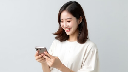 Fototapeta premium Pretty young asian woman using smartphone standing on isolated white background. Excited Beautiful young asian shopping online payment with mobile phone. Playing game on smartphone.