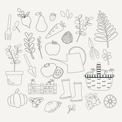 hand drawn vector flat illustration of monochrome black and white line gardening doodle spring horticulture elements set. For poster, card, scrapbooking, invitation, graphic