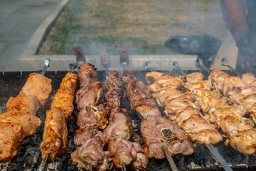 A skewered meat kebab is cooked on charcoal in a grill.