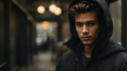 Fototapeta premium Portrait of a young man in a black hoodie looking at the camera
