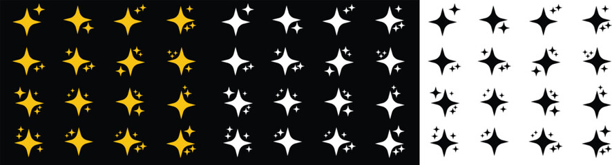 Retro futuristic sparkle icons collection. Set of star shapes. Abstract cool shine effect sign black or yellow vector design . Templates for design, posters, projects, banners, logo, business cards