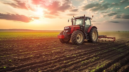 Farmer Plowing the Field at Sunset with Modern Tractor