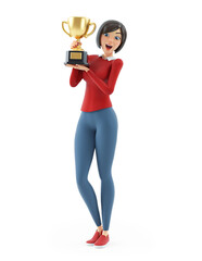 3d casual girl holding golden trophy