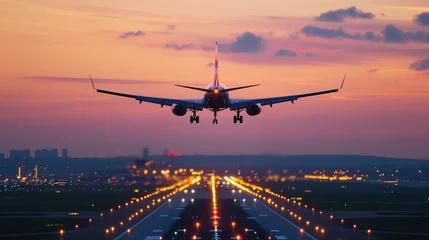 Fotobehang Airplane Taking Off at Dusk with City Lights and Runway Illumination © Sintrax