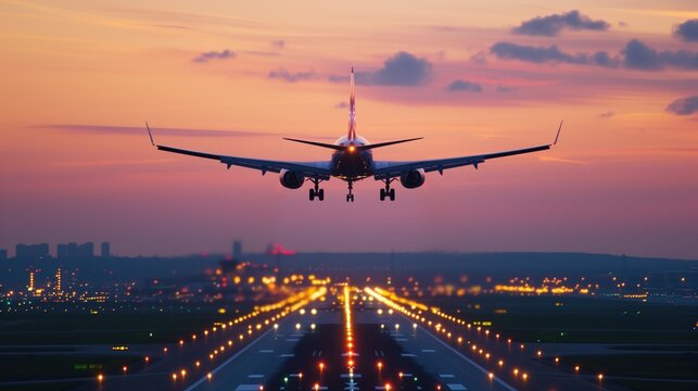 Airplane Taking Off at Dusk with City Lights and Runway Illumination