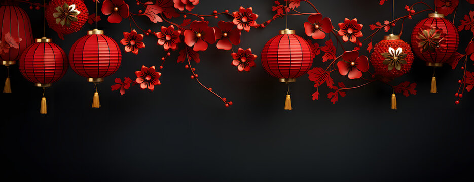 Golden-trimmed Chinese lanterns with abstract floral patterns set against a black matte background, creating a banner for Chinese New Year celebrations.