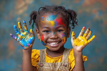 happy black kid with painted hands, playing, fun