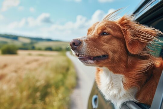 happy dog with head out car window and hair blowing in wind