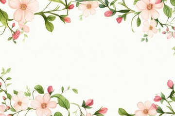 White blank greeting card on the pink background with flowers, Greeting card template for Wedding, mothers or womans day. Springtime composition with copy space.