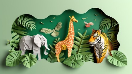Paper art of elephant, tiger and giraffe in nature