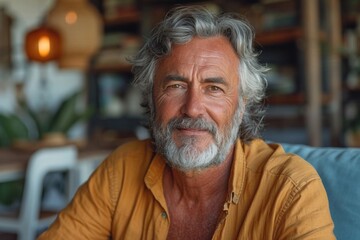 Senior man in his 50s with grey hair and beard, sitting on blue relaxing 