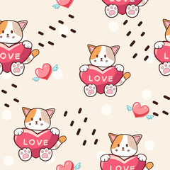 Vector seamless pattern cute  cats with heart , cartoon style.