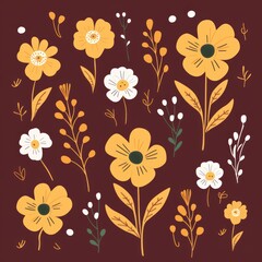 Maroon vector illustration cute aesthetic old mustard paper with cute mustard flowers