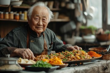  Elderly Asian chef presenting a platter of traditional dishes