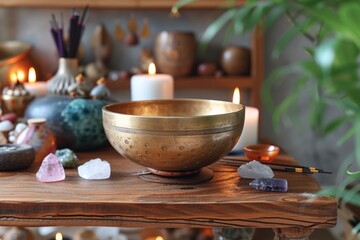 Obraz na płótnie Canvas Tibetan singing bowl on wooden table, surrounded by candles