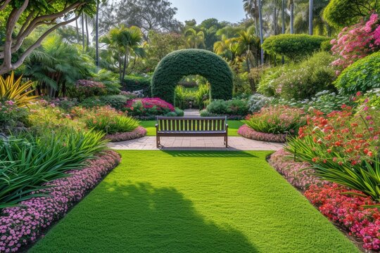 A lush green garden full of blooming flowers with a wooden bench in the middle.