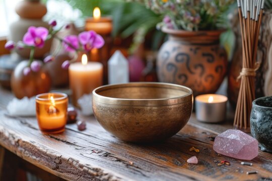 Tibetan singing bowl on wooden table, surrounded by candles