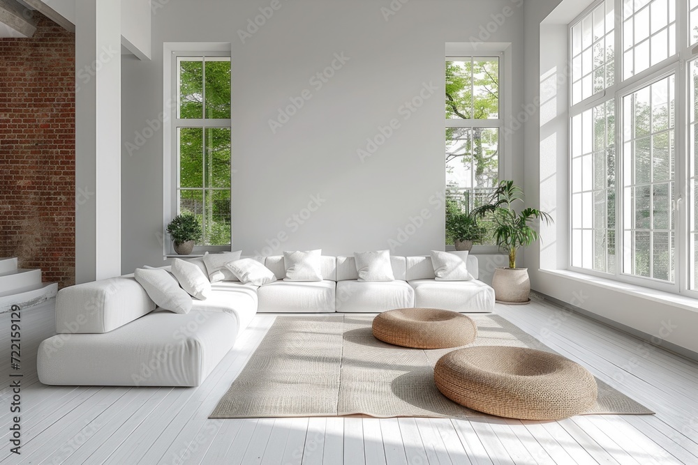 Sticker white minimalist interior, elegant furniture, clean lines, neutral palette. spacious room, large win