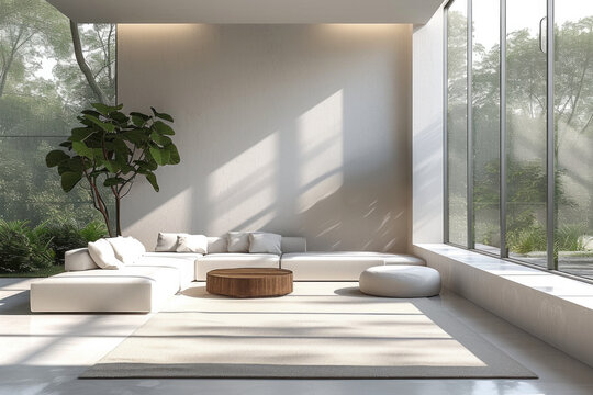 white minimalist interior, elegant furniture, clean lines, neutral palette. Spacious room, large window, natural light.