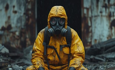 A man in a yellow suit against radiation sitting in a bunker with radiation waste