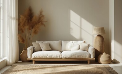 modern living room with sofa, boho