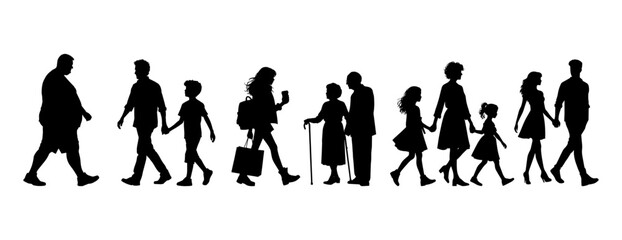 Vector illustration. Set of silhouettes of walking people. Walk. Sticker. Minimalism.