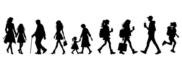 Fototapeta na wymiar Vector illustration. Set of silhouettes of walking people. Walk. Sticker. Minimalism.