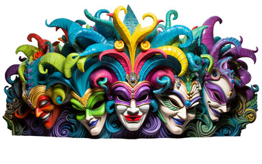Mardi Gras Floats Showcase Giant Artistic Mask Sculptures Isolated on Transparent Background PNG.