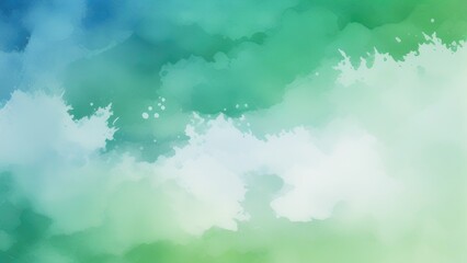 Obraz na płótnie Canvas blue green and white watercolor background with abstract cloudy sky concept with color splash design and fringe bleed stains and blobs