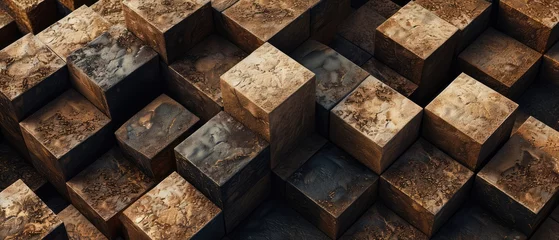 Gordijnen Cubes of earth, stone, and sand in the style of Minecraft. Abstract background or screensaver for a 34-inch widescreen monitor. AI generative. © PROKOPYCH