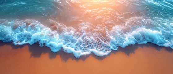 Photo sur Aluminium Bleu flat lay abstract sand beach from above with light blue transparent water wave and sun lights, summer vacation background concept