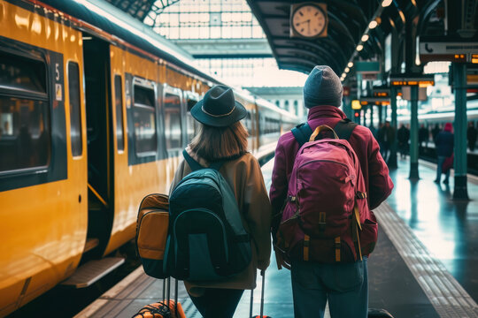 Couple walking on a platform on a train station