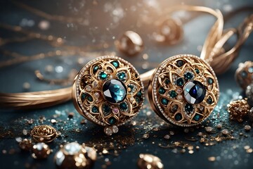 A dazzling close-up of a pair of elegant earrings, the HD camera capturing the intricate details and sparkling gemstones in enchanting