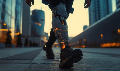 Futuristic prosthetic legs illuminated in a modern urban environment showcasing advanced technology and human innovation.