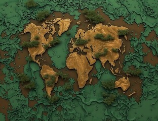 Artistic topographic map of the world with green terrain and golden continents, detailed earth texture for educational and environmental themes
