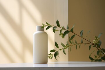 Mockup of natural beauty product. White cosmetic bottle with a branch with green leaves on a light neutral background with copy space. Soft image and soft-focus style
