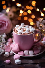 Obraz na płótnie Canvas Valentine's Day card. A cup of cocoa with marshmallows. Sweets and treats