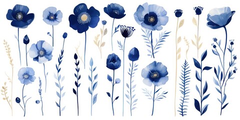Midnight blue several pattern flower, sketch, illust, abstract watercolor