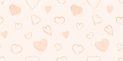 Heart seamless pattern, love peach hand drawn background for Valentines Day. Thin line sketch design. Cute holiday vector illustration