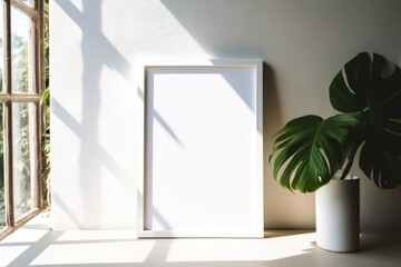 A blank picture frame with leaves,frame mockup in room with plant by the window, wall art mockup for poster aesthetic look and minimalist clean mockup, poster mockup