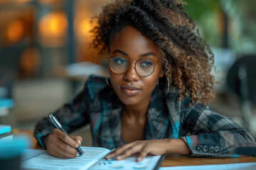  black corporate woman writing on notebook on the table in the office